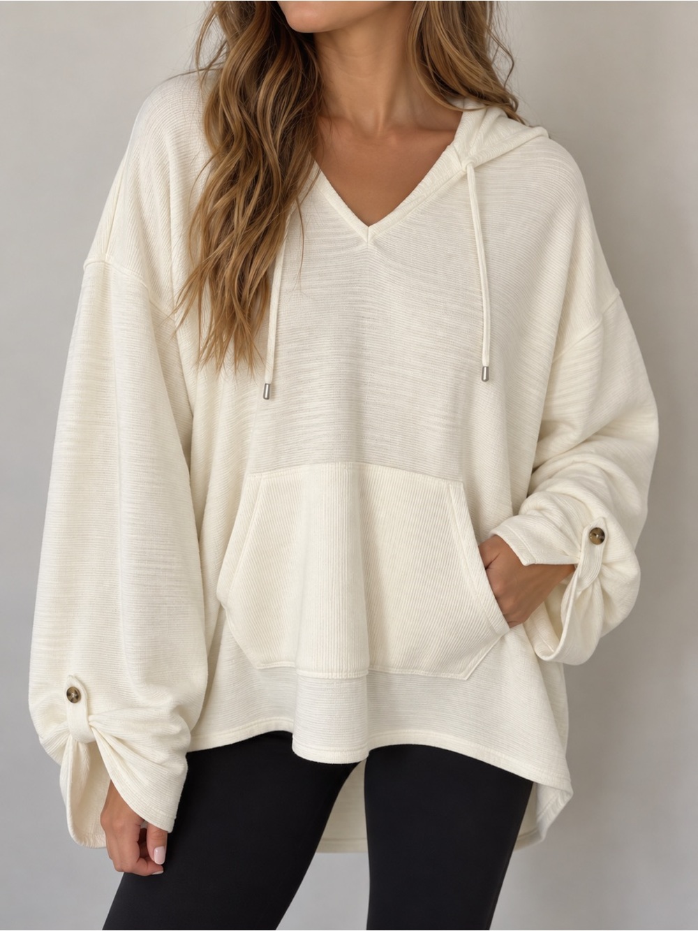 Cupio Cream V-Neck Hooded Pullover with Kangaroo Pocket